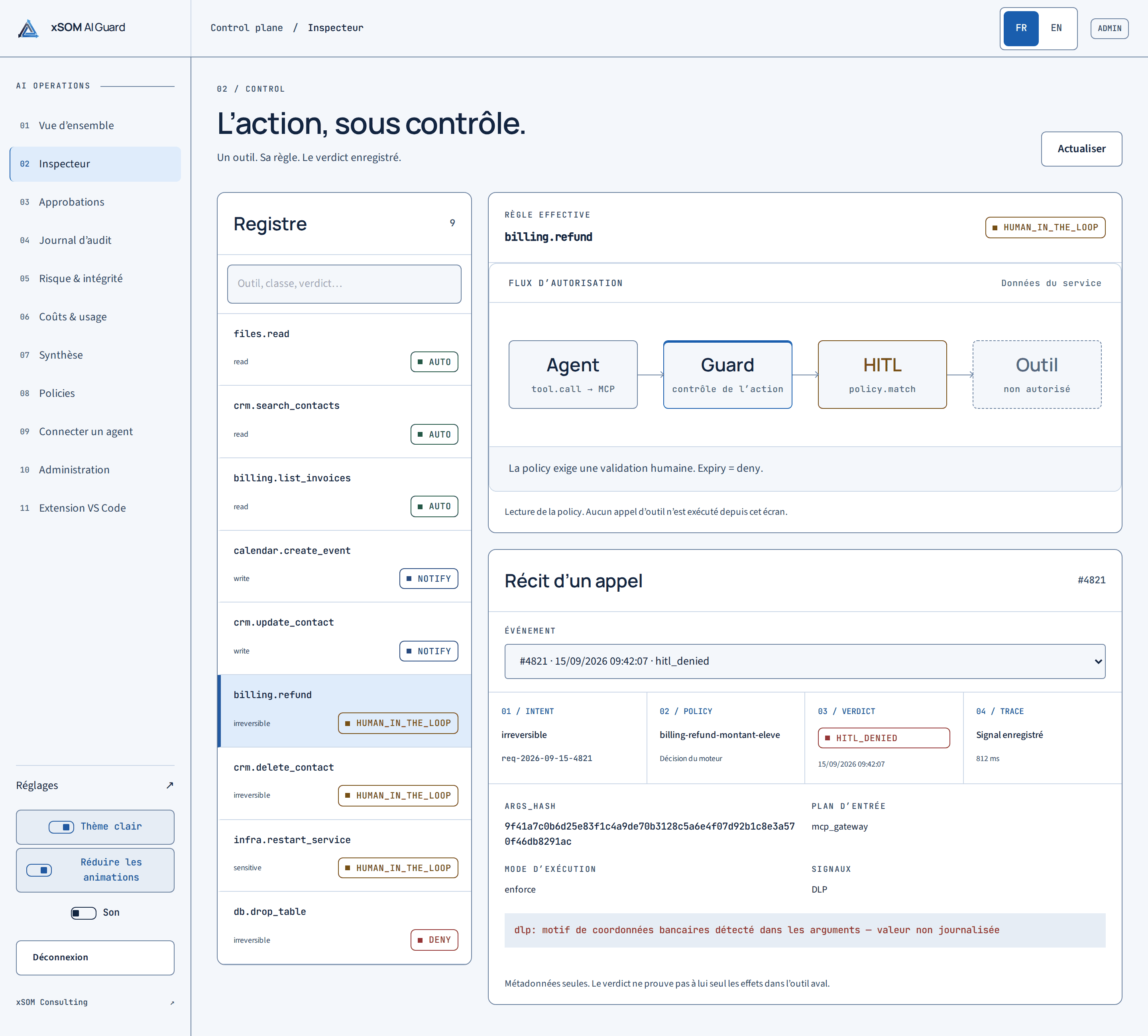 La console AI Guard : registre des outils, règle effective pour l’outil choisi, et le récit d’un appel jusqu’à sa trace.