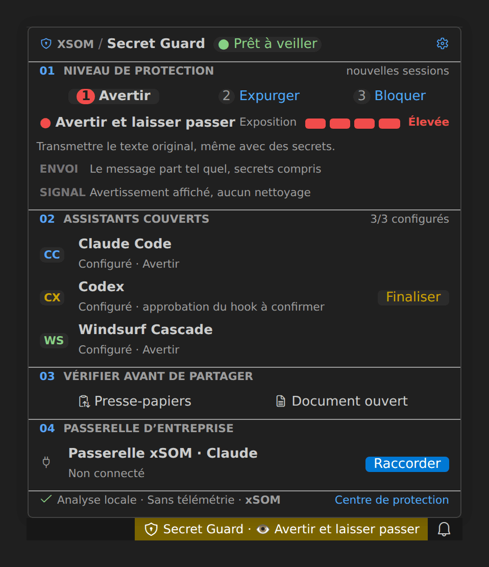Le panneau Secret Guard dans VS Code : état de la protection, mode d’avertissement, assistants configurés et passerelle d’entreprise.